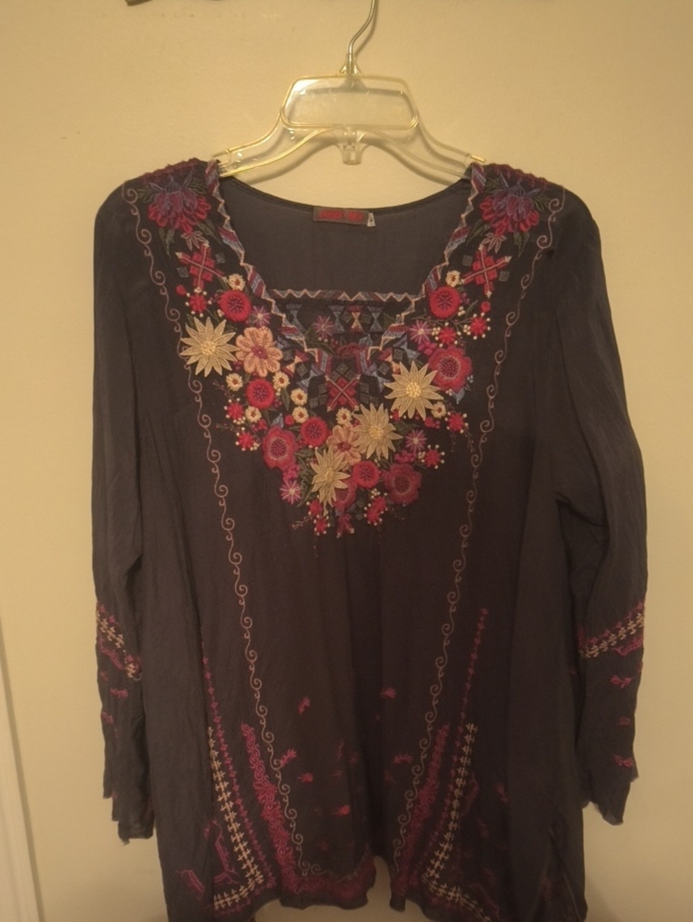 Johnny Was Purple Embroidered Floral V-Neck Tunic